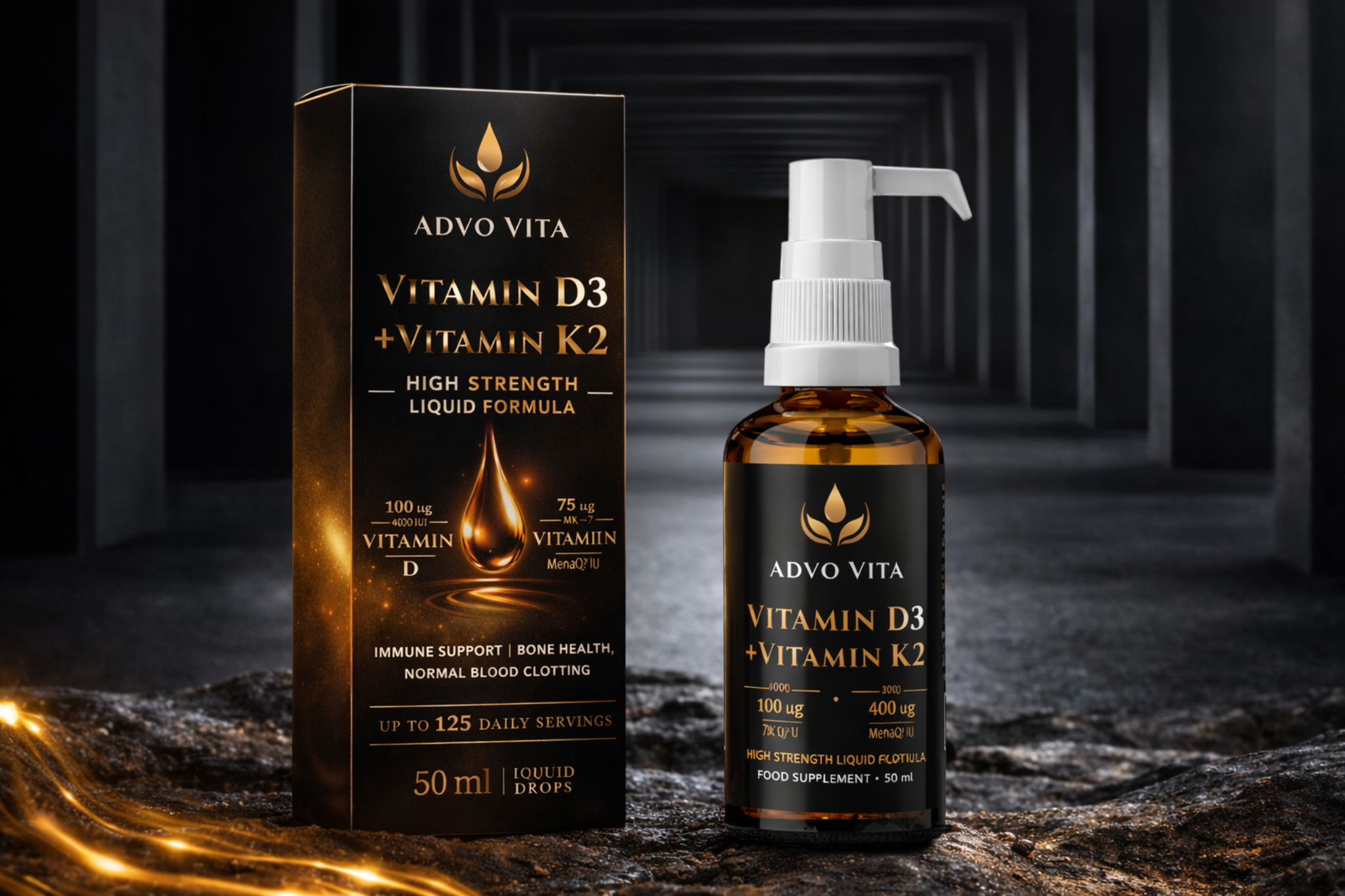 Advo Vita Vitamin D3 and K2 premium product render